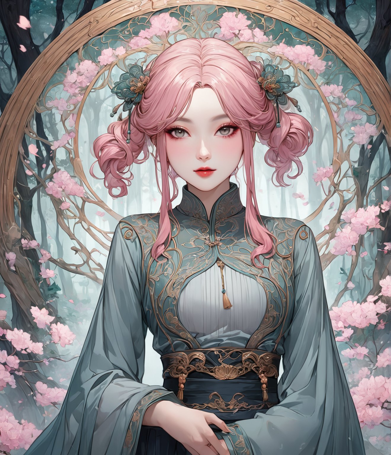 (masterpiece, high quality, 8K resolution, ultra detailed), pretty woman with glamourous makeup, smokey eyeshadow, pink hair, depth of field,han fu, long sleeve, best quality, SFW, misty magical forest, Art Nouveau Style,