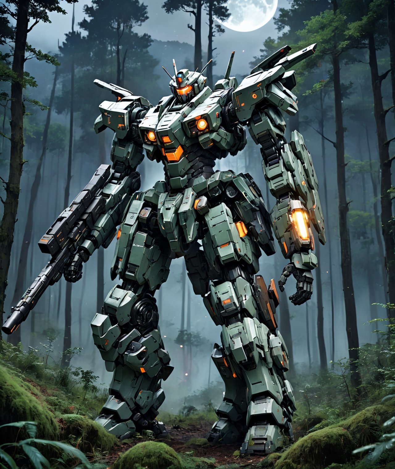 anime style, futuristic mech armor power suit in a forest at nighttime, moving on a hillside, dynamic angle, more detail XL,armored core,机甲