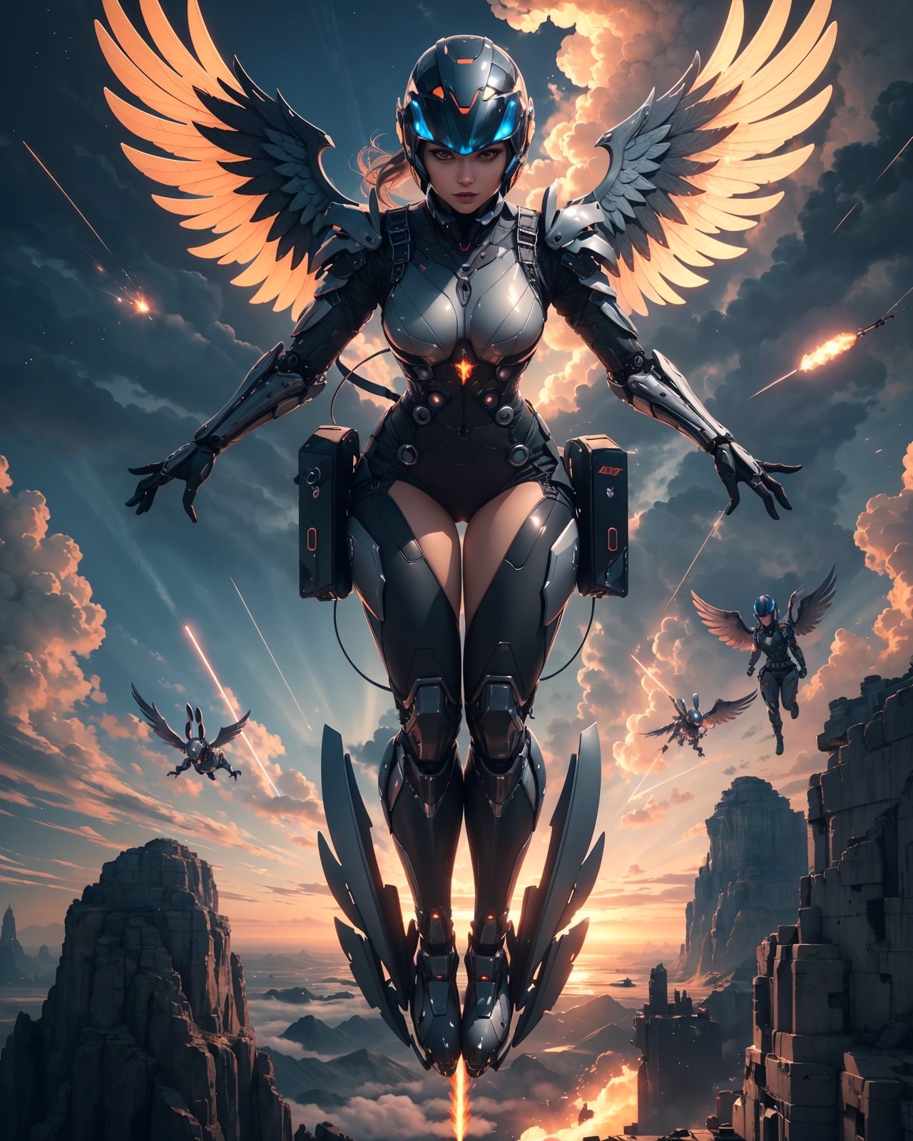 A sexy girl wearing a clear helmet flying with a futuristic mechanical winged jetpack in a mythical sky, avoiding incoming missiles, flame, full body portrait, 4K, dynamic angle, photorealistic, solo, (bunny), symmetrical wings, facing viewers, perfect face,