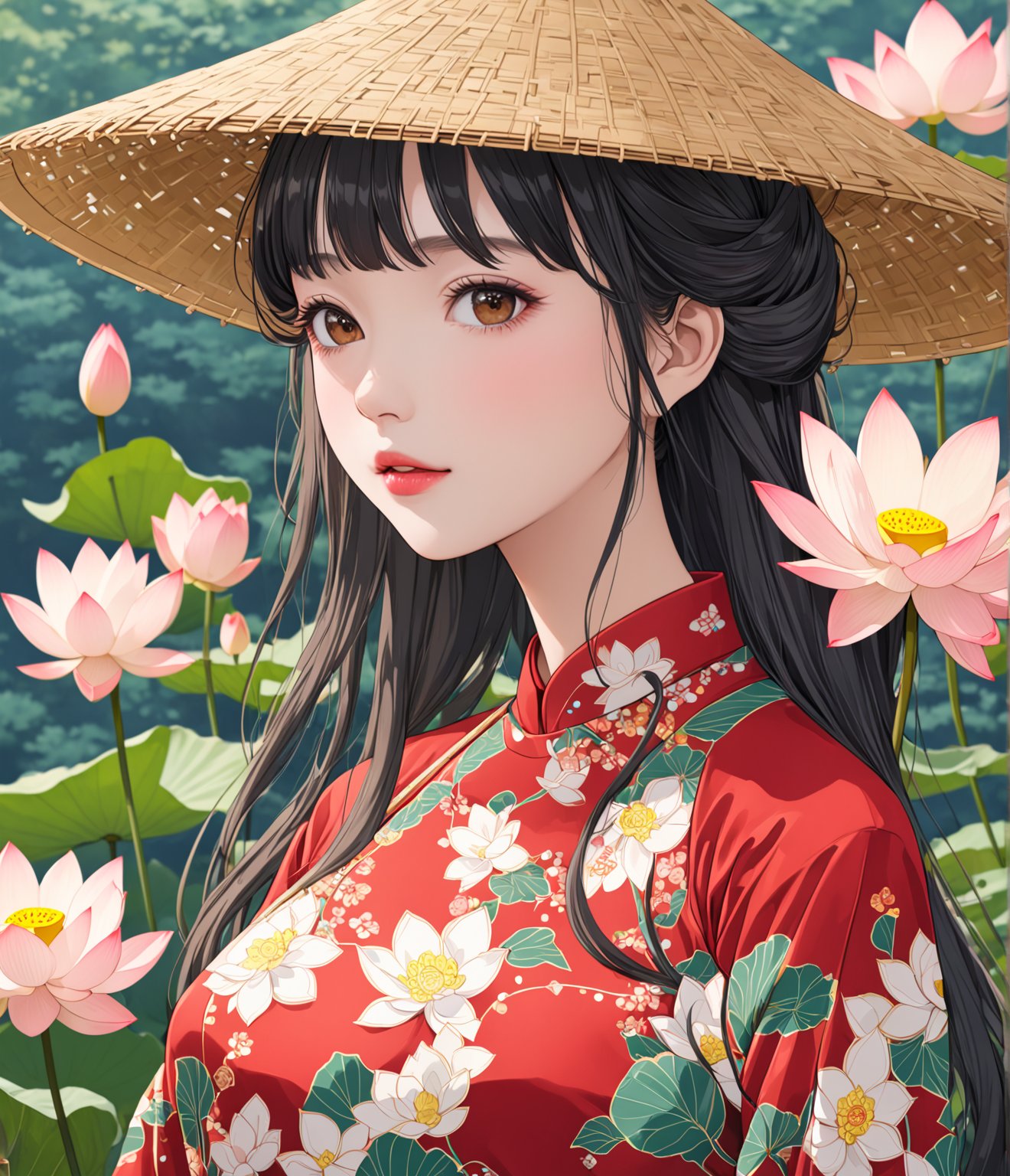 Masterpiece, 4K, ultra detailed, anime Style, 1 beautiful woman with long wavy hair and glossy lips wearing traditional Vietnamese outfit with straw hat, lotus flower s, SFW, depth of field,ao_dai_tet_xl, ukiyoe art style,