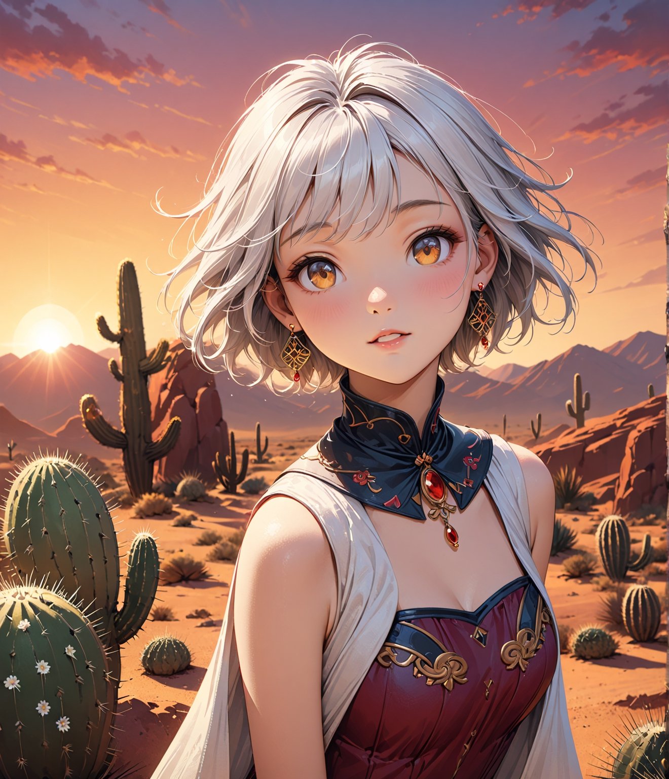 Masterpiece, 4K, ultra detailed, photorealistic style, ((solo)), wavy white hair sexy woman wearing fancy dress, beautiful hazel color eyes, dangling earrings, in rocky desert cactus with flowers, epic sunset, more detail XL, SFW, depth of field, (ukiyoe art style)