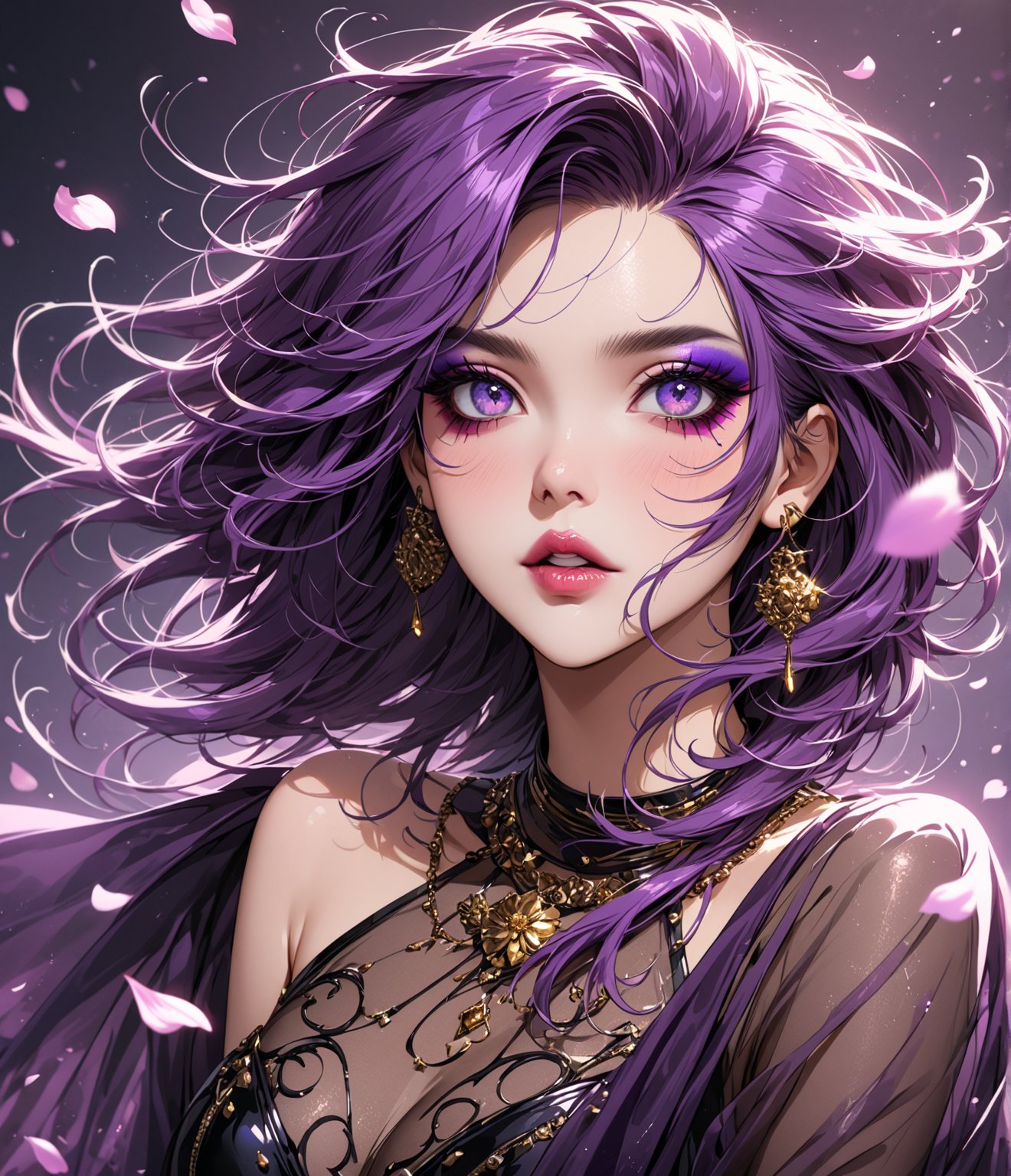 Masterpiece, 4K, ultra detailed, beautiful female singer with glamorous makeup, beautiful detailed eyes and glossy lips, golden earring, long purple hair, flowy sheer robe, romantic flower petals, windy, depth of field, SFW, more detail XL, punk art style,