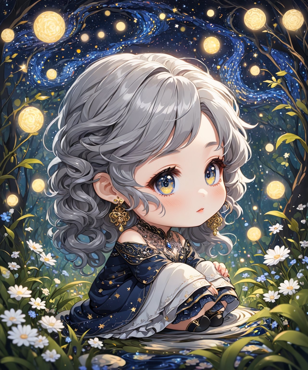 Masterpiece, 4K, ultra detailed, ((solo)), ((chibi)), anime impressionism art style, elegant mature woman with beautiful detailed eyes and glamorous makeup, long flowy gray hair, finely detailed earrings, sitting in a flowering forest,  swirling starry night, more detail XL, SFW, depth of field,