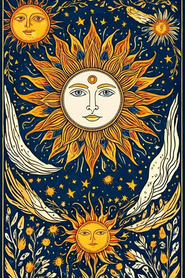 Tarot Card Style, ( The sun ) card, masterpiece, best quality,   flat color, lineart, abstract, ornate, dark theme, (tarot), aw0k straightsylum, (frame)