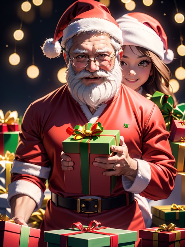 (masterpiece), (best quality), (ultra-detailed), ((Santa Claus with cute girls attending him)), (strict santa), (tough santa), ((muscle santa)), (Yakuza Santa), (mafia santa), (((Santa’s delivering gift))), bokeh