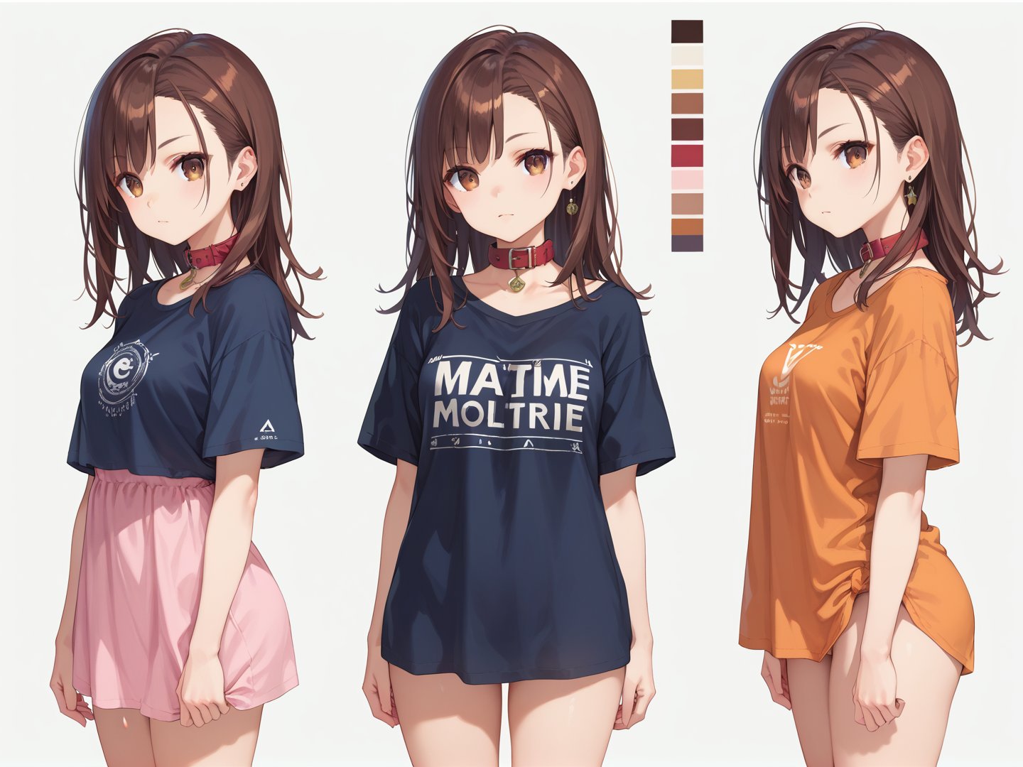 1girl, score_9, score_8_up, score_7_up, masterpiece, absurdres, brunette, brown eyes, shoulder-length_hair, hair behind ear, asymmetrical bangs, collar, only oversized t-shirt, no pants, no skirt, character sheet