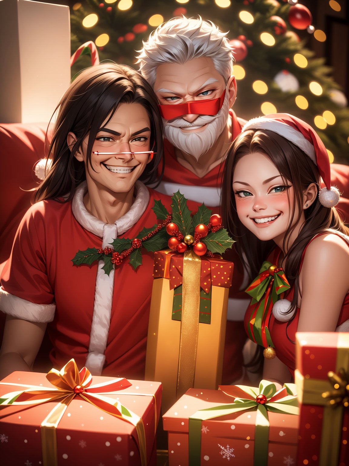 (masterpiece), (best quality), (ultra-detailed), ((Santa Claus with cute girls attending him)), (Memes of Santa), (((Santa's sleigh))), (((smirk santa claus:1.5))), overexposure, bokeh