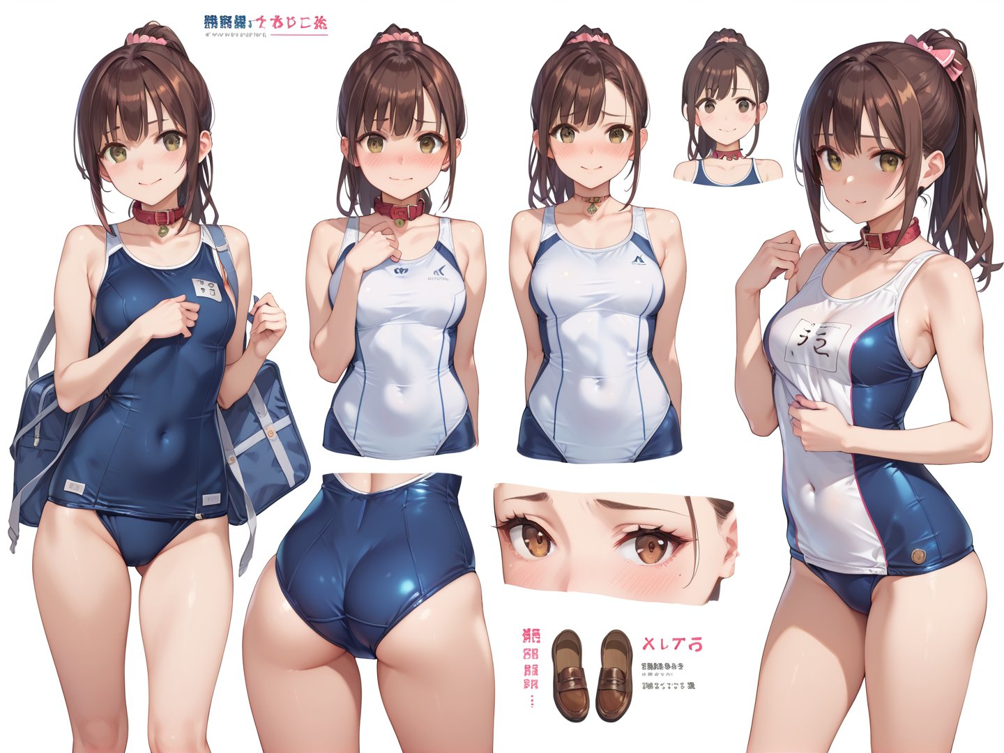 1girl, score_9, score_8_up, score_7_up, masterpiece, absurdres, brunette, brown eyes, ponytail, collar, school_swimsuit, embarrassed smile, character sheet