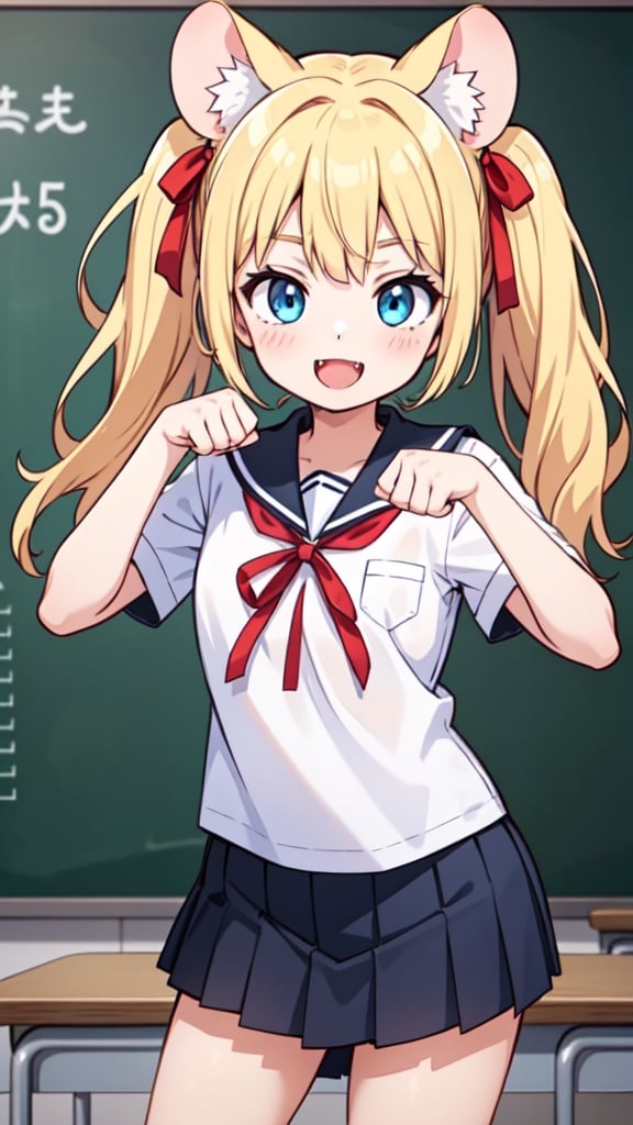 (masterpiece, best quality), 1girl, detailed face, detailed eyes, blonde hair, long twintail with red ribbon, blue eyes, smile, mouse open, cute fangs, cat ears, school uniform, standing, in front of the blackboard, school classroom, fore_paws, paw pose