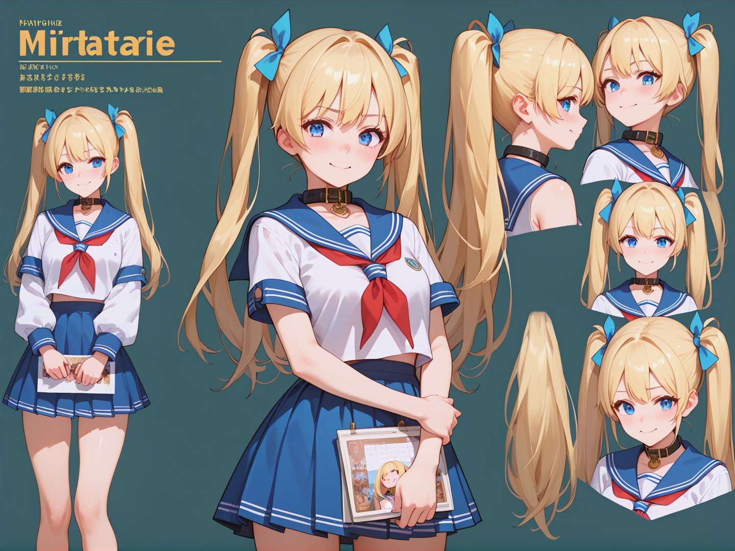 1girl, score_9, score_8_up, score_7_up, masterpiece, absurdres, blonde hair, blue eyes, twintail, collar, sailor_collar, micro mini skirt, embarrassed smile, character sheet