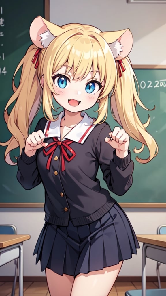 (masterpiece, best quality), 1girl, detailed face, detailed eyes, blonde hair, long twintail with red ribbon, blue eyes, smile, mouse open, cute fangs, cat ears, school uniform, standing, in front of the blackboard, school classroom, fore_paws, paw pose