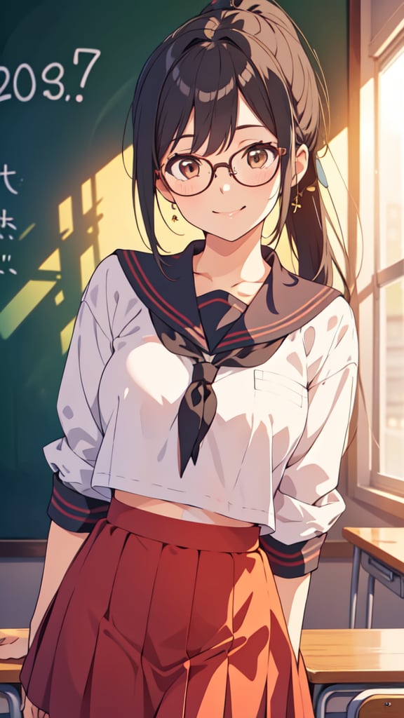 (masterpiece, best quality), young female, detailed face, detailed eyes, black hair, ponytail, brown eyes, glasses, smile, mouth open, sailor costume, leaning against the blackboard, in front of the blackboard, school classroom, cowboy shot, bokeh