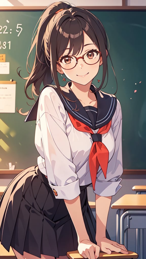 (masterpiece, best quality), young female, detailed face, detailed eyes, black hair, ponytail, brown eyes, glasses, smile, mouth open, sailor costume, leaning forward, in front of the blackboard, school classroom, cowboy shot, bokeh