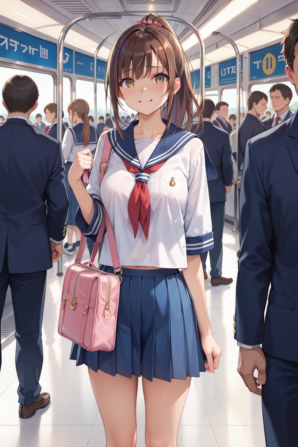 1girl, score_9, score_8_up, score_7_up, masterpiece, absurdres, 1girl, brown hair, ponytail, sailor collar, school uniform, standing, embarrassed smile, on the train, in front of crowd, view from front, bokeh