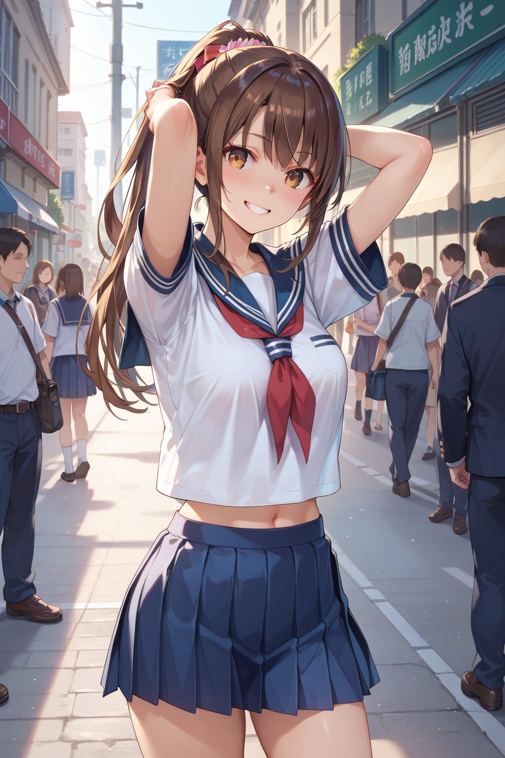 1girl, score_9, score_8_up, score_7_up, masterpiece, absurdres, 1girl, brown hair, ponytail, sailor collar, school uniform, standing, open stance, arms behind head, embarrassed smile, on the street, in front of crowd, view from front, bokeh