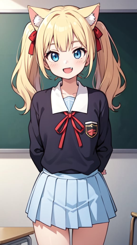 (masterpiece, best quality), 1girl, detailed face, detailed eyes, blonde hair, long twintail with red ribbon, blue eyes, smile, mouth open, cute fangs, cat ears, school uniform, standing, in front of the blackboard, school classroom, arms behind back