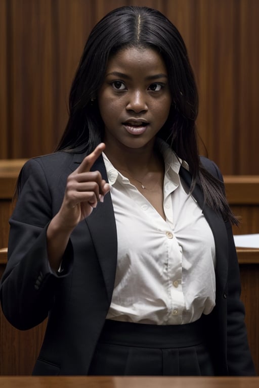 1girl, solo, ebony woman, long hair, frilly hair, courtroom, behind table, looking at judge, in the middle of argument, from the front, formal black suit, black jacket, white shirt, red tie, pencil skirt, good lighting, focused eyes, pointing at accused