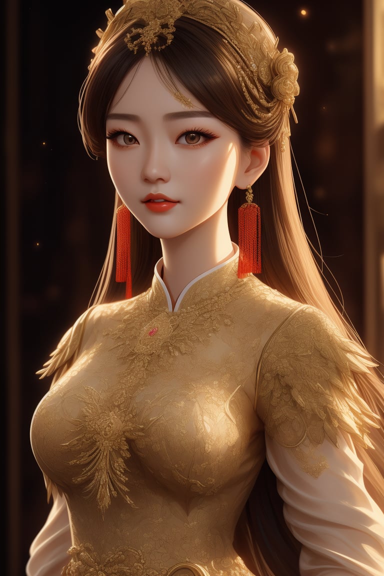 Masterpiece, photo realistic, 8 k, bust shot, hyper detailed, royal, Beautiful elegant Chinese woman 20 year old girl, vintage hairstyle and clothing,  imagined as a intricate extremely detailed brass statue, red  ,1 girl