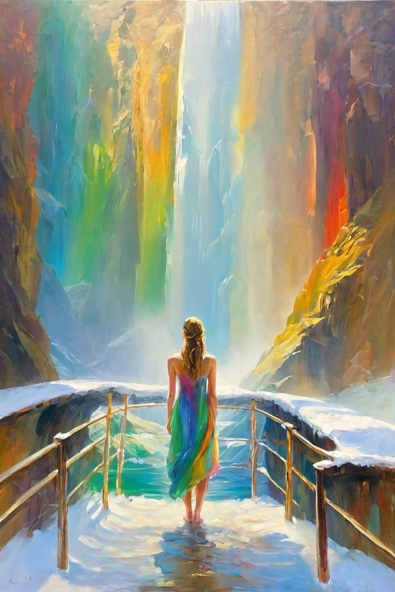 artistic oil painting stick,rough,(uneven),shadow,(1girl:1.3),solo,((waterfall)),(Bridge:1.5),(snow mountain:1.7),Rainbow,(naked_towel:0.2),abstract paintings,