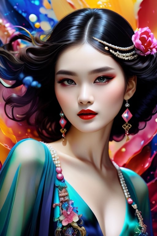 splash art,alcohol ink,detailed airbrush of fashion by coco chanel 1920,adorable cute  woman,dark fantasy,medium angle,glowing,UHD,vivid colors,Huang Tingjian,Li Di,Zhang Jingna,magic,digital illustration,cleavage,trending on artstation,sharp focus,studio photo,intricate details,highly detailed,by greg rutkowski