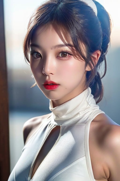 Beautiful Korean woman, kpop idol, (white hair), (ponytail), (olive skin), symmetrical eyes, (tight all white sleeveless body suit), (red lips), (small breasts), ((8k, RAW photo, highest quality, masterpiece), High detail RAW color photo professional photo, (realistic, photorealism:1. 5), (highest quality), (best shadow), (best illustration), ultra high resolution, highly detailed CG unified 8K wallpapers, physics-based rendering, cinematic lighting, photorealistic, photo, masterpiece, realistic, realism, photorealism, high contrast, photorealistic digital art trending on Artstation 8k HD high definition detailed realistic, detailed, skin texture, hyper detailed, realistic skin texture, armature, best quality, ultra high res, (photorealistic:1. 4), high resolution, detailed, raw photo, sharp, d850 film stock photograph 4 kodak portra 400 camera f1. 6 lens rich colors hyper realistic lifelike texture dramatic lighting unreal engine trending on artstation cinestill 800),weiboZH,momo_burlesque