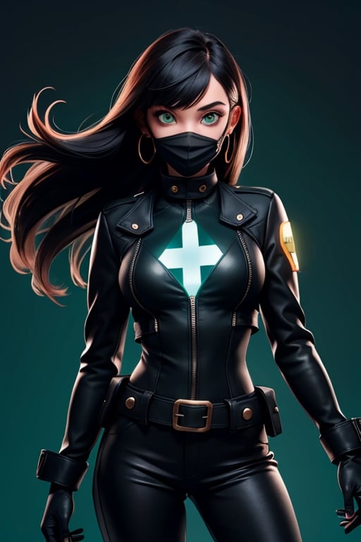 1girl,green eyes,black hair,long hair,mouth mask,solo,glowing,looking at viewer,mask,jacket,pants,jewelry,animification,earrings,black pants,breasts,green theme,gloves,glowing eyes,black gloves,belt,black jacket,cowboy shot,respirator,bangs,bodysuit,floating hair,