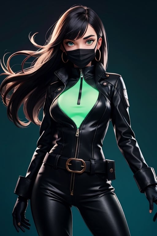 1girl,green eyes,black hair,long hair,mouth mask,solo,glowing,looking at viewer,mask,jacket,pants,jewelry,animification,earrings,black pants,breasts,green theme,gloves,glowing eyes,black gloves,belt,black jacket,cowboy shot,respirator,bangs,bodysuit,floating hair,