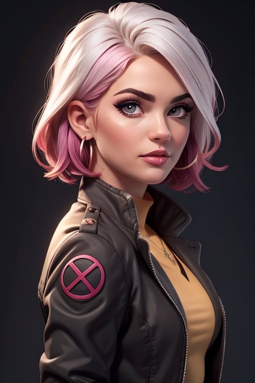 1girl,solo,jewelry,earrings,pink hair,jacket,necklace,looking at viewer,piercing,short hair,tattoo,upper body,black jacket,turtleneck,nose,grey eyes,realistic,purple hair,bangs,ear piercing,makeup,open clothes,gradient,open jacket,eyelashes,multicolored hair,gradient background,lips,closed mouth,shirt,mascara,breasts,simple background,CARTOON_X_MENs_Rogue