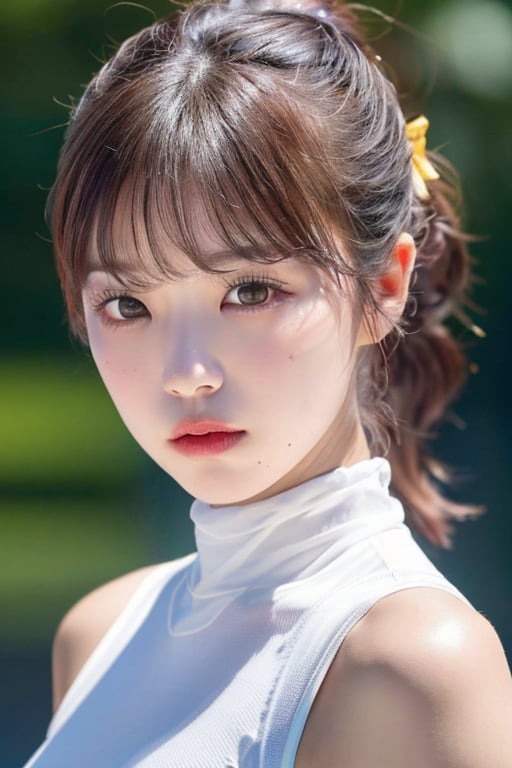 Beautiful Korean woman, kpop idol, (white hair), (ponytail), (olive skin), symmetrical eyes, (tight all white sleeveless body suit), (red lips), (small breasts), ((8k, RAW photo, highest quality, masterpiece), High detail RAW color photo professional photo, (realistic, photorealism:1. 5), (highest quality), (best shadow), (best illustration), ultra high resolution, highly detailed CG unified 8K wallpapers, physics-based rendering, cinematic lighting, photorealistic, photo, masterpiece, realistic, realism, photorealism, high contrast, photorealistic digital art trending on Artstation 8k HD high definition detailed realistic, detailed, skin texture, hyper detailed, realistic skin texture, armature, best quality, ultra high res, (photorealistic:1. 4), high resolution, detailed, raw photo, sharp, d850 film stock photograph 4 kodak portra 400 camera f1. 6 lens rich colors hyper realistic lifelike texture dramatic lighting unreal engine trending on artstation cinestill 800),weiboZH,momo_burlesque