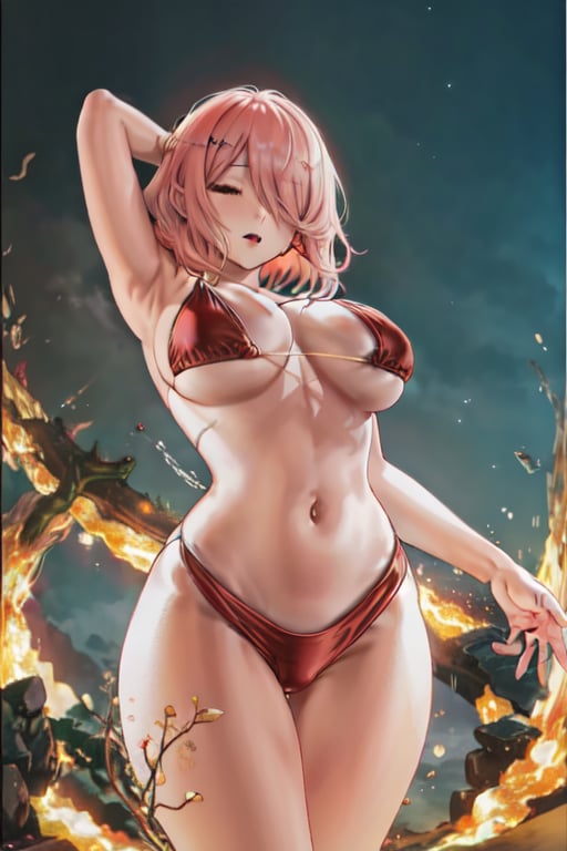 best quality, short hair, pink hair, no eyes, hair over eyes, anime screencap, anime coloring, big breast, red bikini, dynamic pose  