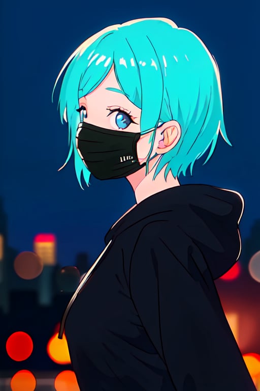 centered, masterpiece, face portrait, (frontal view, looking at front, facing viewer:1.2), | 1girl, solo, aqua hair color, short hairstyle, light blue eyes, | (black mouth mask:1.2), dark blue hoodie, | city lights, sunset, buildings, urban scenery, | bokeh, depth of field,