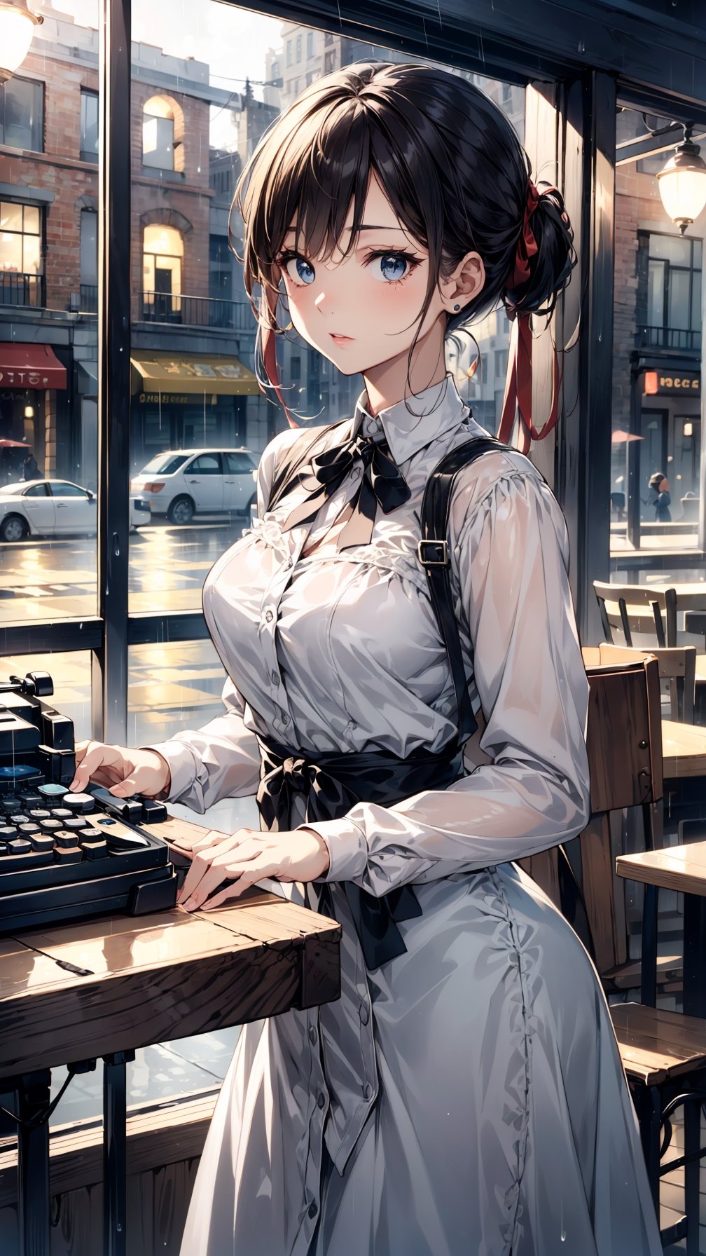 one beautiful girl,{masutepiece}, ((Best Quality)), hight resolution, {{Ultra-detailed}}, {extremely details CG}, {8k wall paper},kawaii,anime, Literary Café, Writing poetry, Rainy evening, Vintage typewriter, Café patrons chatting, Window with raindrops, Warm lighting from chandeliers, Focus on her poetic inspiration, Texture of the aged paper, Creative Mood, Retro style dress, Hair tied with a ribbon.
