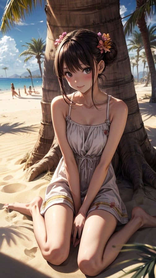 one beautiful girl,{masutepiece}, ((Best Quality)), hight resolution, {{Ultra-detailed}}, {extremely details CG}, {8k wall paper},kawaii,anime, Desert Oasis, Resting under a palm tree, Afternoon, Expansive sand with a water source, Shadows of palm trees on sand, Smooth and granular sand Texture, Relaxed Mood, Wearing a light summer dress, Hair tied in a loose bun with a flower.
