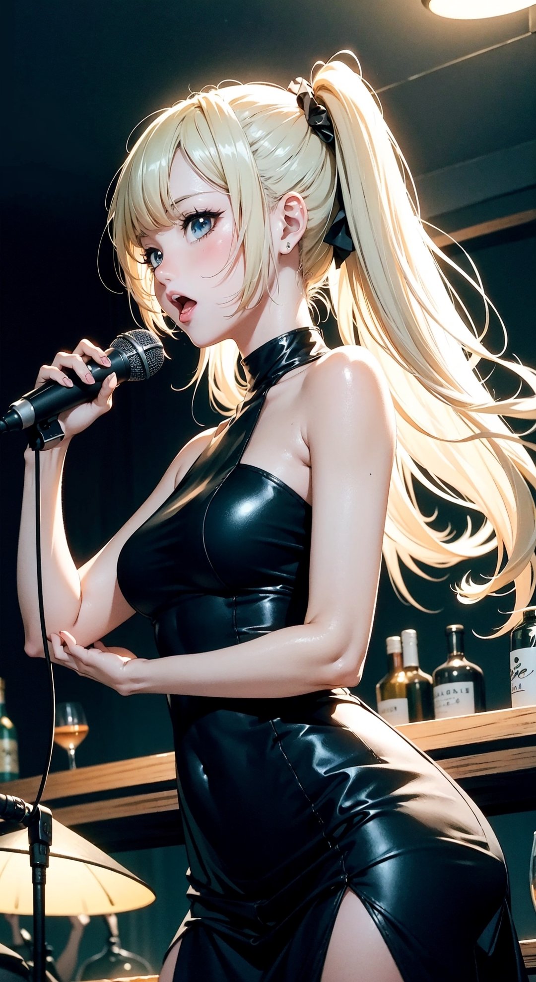 An anime one girl, {masutepiece}, ((Best Quality)), high resolution, {{Ultra-detailed}}, {extremely detailed CG}, {8k wall paper},kawaii, Jazz Bar, Singing, Late Night, Medium shot, Low angle, Dim lights with smoke, Microphone, Soulful voice, Sensual, Elegant dress, Vintage curled hair