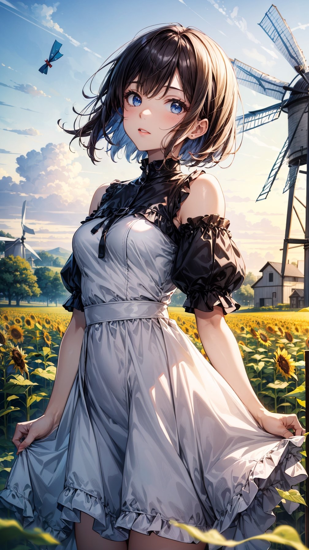 one beautiful girl,{masutepiece}, ((Best Quality)), hight resolution, {{Ultra-detailed}}, {extremely details CG}, {8k wall paper},kawaii,anime, Old Windmill, Gazing at the horizon, Dawn, Field of sunflowers, Scenic beauty, Low-angle with windmill blades, First rays of the sun, Focus on her hopeful eyes, Texture of the wooden windmill, Optimistic Mood, Vintage farm dress, bob_cut
