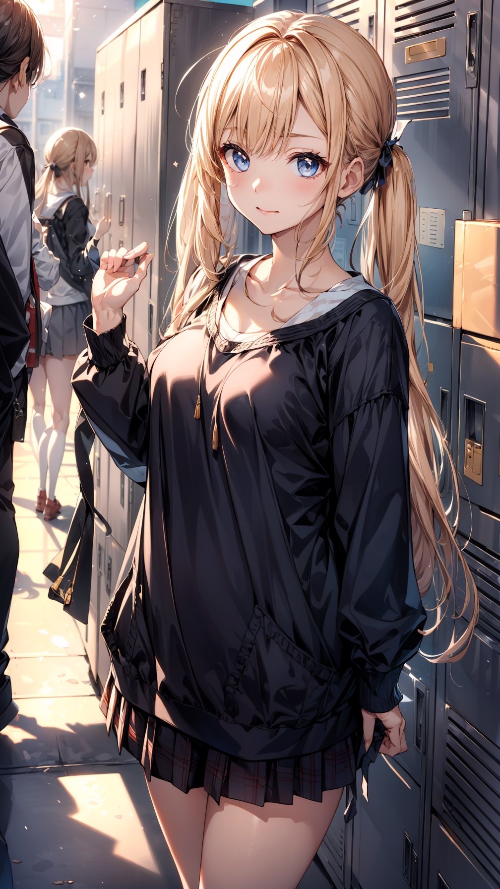 one beautiful girl,{masutepiece}, ((Best Quality)), hight resolution, {{Ultra-detailed}}, {extremely details CG}, {8k wall paper},kawaii,anime, School Corridor, Waiting for a friend, Late afternoon, By the lockers, Leaning against the wall, Golden rays from the setting sun, Focus on her expectant eyes, Texture of the locker metal, Hopeful Mood, Distant footsteps, Twintails hairstyle.