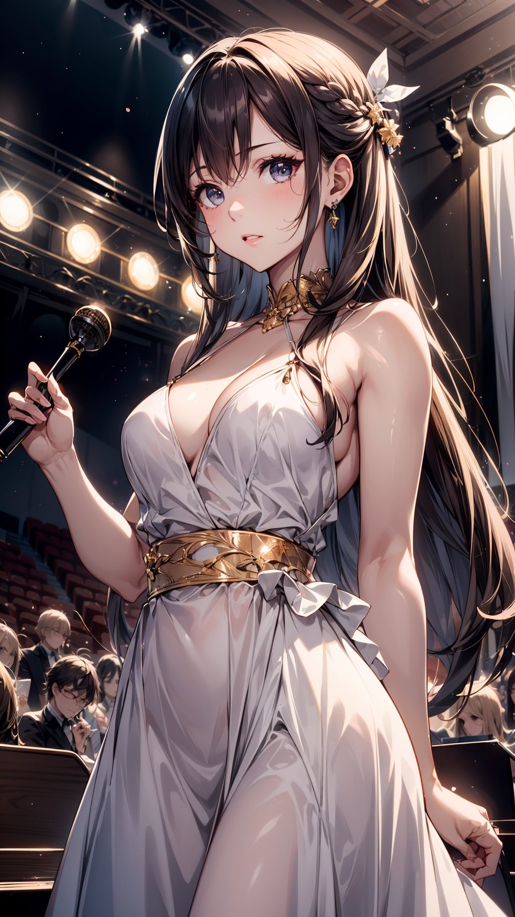 one beautiful girl,{masutepiece}, ((Best Quality)), hight resolution, {{Ultra-detailed}}, {extremely details CG}, {8k wall paper},kawaii,anime, Classical Music Concert, Listening intently, Evening, Grand auditorium, Musicians performing, Golden chandeliers, Subtle glow from the stage, Focus on her enraptured look, Texture of the concert brochure, Melodic Mood, Elegant evening gown, Hair styled in soft waves.
