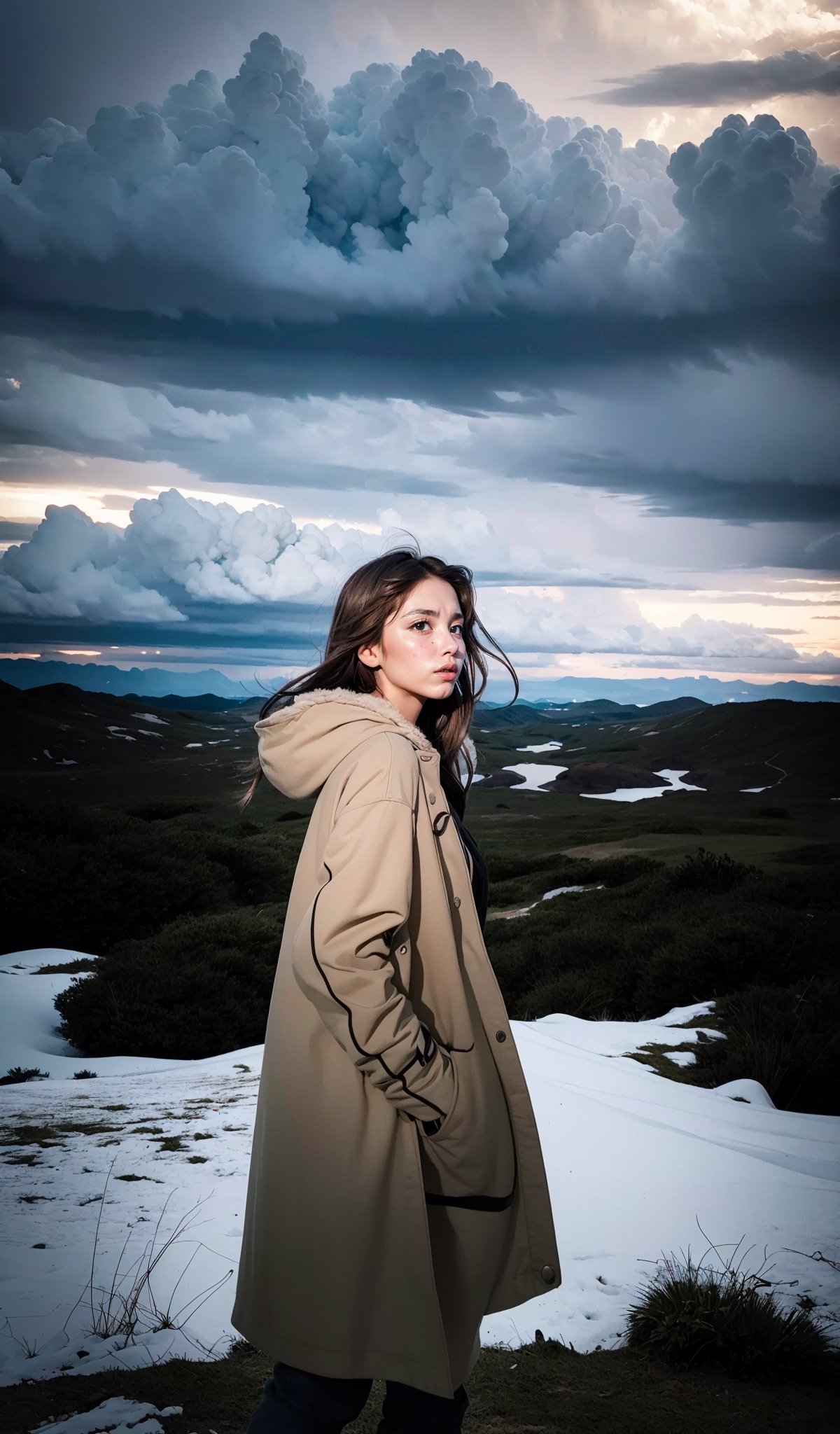 (masterpiece, best quality), Picture a vast grassland where a girl stands,her expression emotionless,eyes fixed on the horizon where a storm brews under a gloomy sky. The strong winds set her hair into a wild dance,adding dynamism to the somber scene. The distant storm seems to mirror her inner turmoil, creating a narrative that's haunting yet beautiful. As the storm draws nearer, one wonders about the thoughts swirling in her mind, features dramatic and cinematic lighting. The image is in 8K,ultra-HD, super-resolution, offering a glimpse into a moment of intense emotion and natural power,
