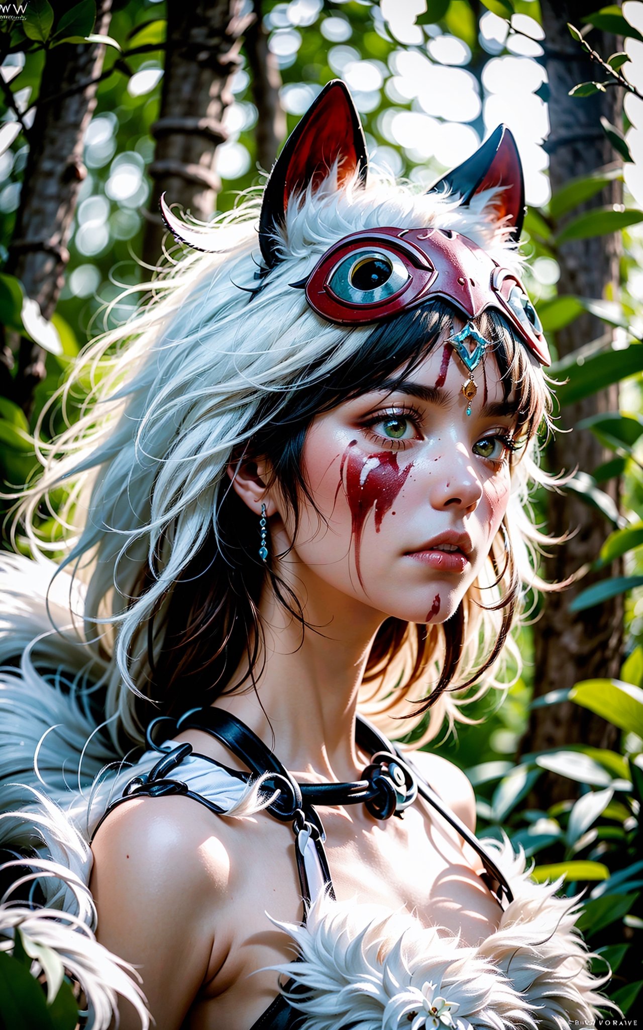 1girl, solo, portrait of beautiful princessmononoke in jungle with a giant white wolf, wolf fur clothing, serious, details, realistic, photography, blurry background, softfocus, Dreamwave, insane details 