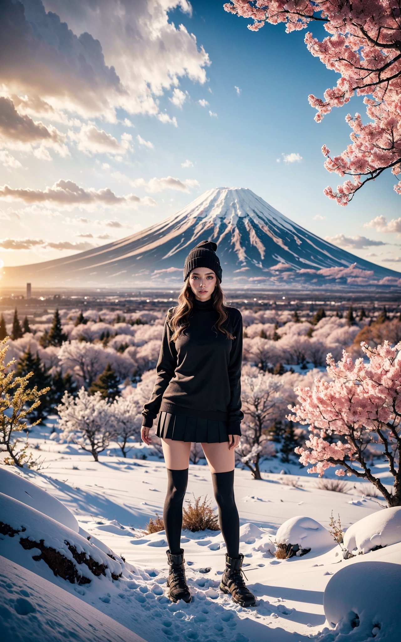 (best quality, 4k, 8k, highres, masterpiece:1.2), 1girl, a pretty girl in sweater and pleated skirt, beanie with long hair, large glasses, a sunset beaming in the horizon, mount fuji in the distant, cherry blossoms in winter, official art, color gradient, Digital artwork, Bright and vibrant, ultra detailed, beautiful and aesthetic, green eyes, ultra-detailed, hyper-realistic, large breast, wolrd of fantasy, photo realistic, dynamic lighting, artstation, poster, volumetric lighting, very detailed faces, 4k, award winning, in the dark, deep shadow, low key, insane details, perfecteyes, insane details, high details ,insane details,high details,realistic,Young beauty spirit ,Best face ever in the world,girl