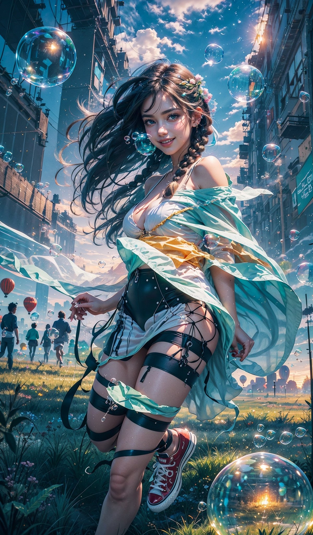 ((masterpiece)), (best quality), (cinematic, black tones), (a woman wearing a short white dress, converse shoes running through a open field), (long hair, side braid), slim, large breast, green eyes, (smile:1.2), wind:1.4, (ultra-realistic), detailed face, detailed body, red and orange skies, glitter, clouds, greenery, green plains, ((hot air balloons in the background)), (((bubbles))), (cinematic, colorful), vast field, (extremely detailed), studio ghibli inspired,EpicSky,cloud,sky,High detailed ,Detailedface