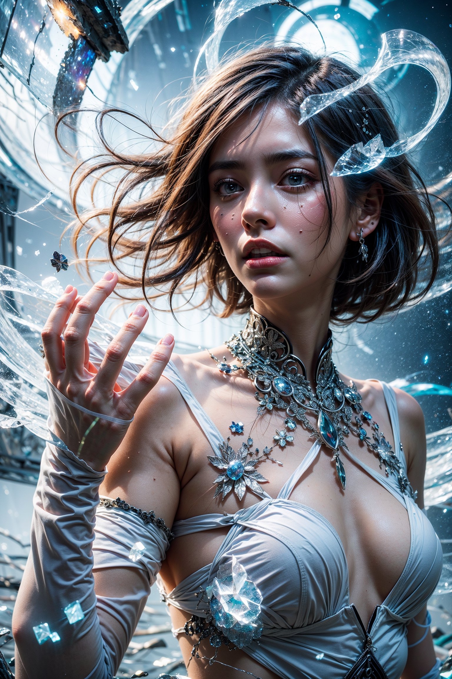 (Dreamscape:1.5),(ethereal:1.5),1girl,glass shards,space fragmentation,re ghotion,messy hair,serious,glowing hand,surreal,upper body,dynamic pose,Travel through time and space,silver white theme,
,High detailed 