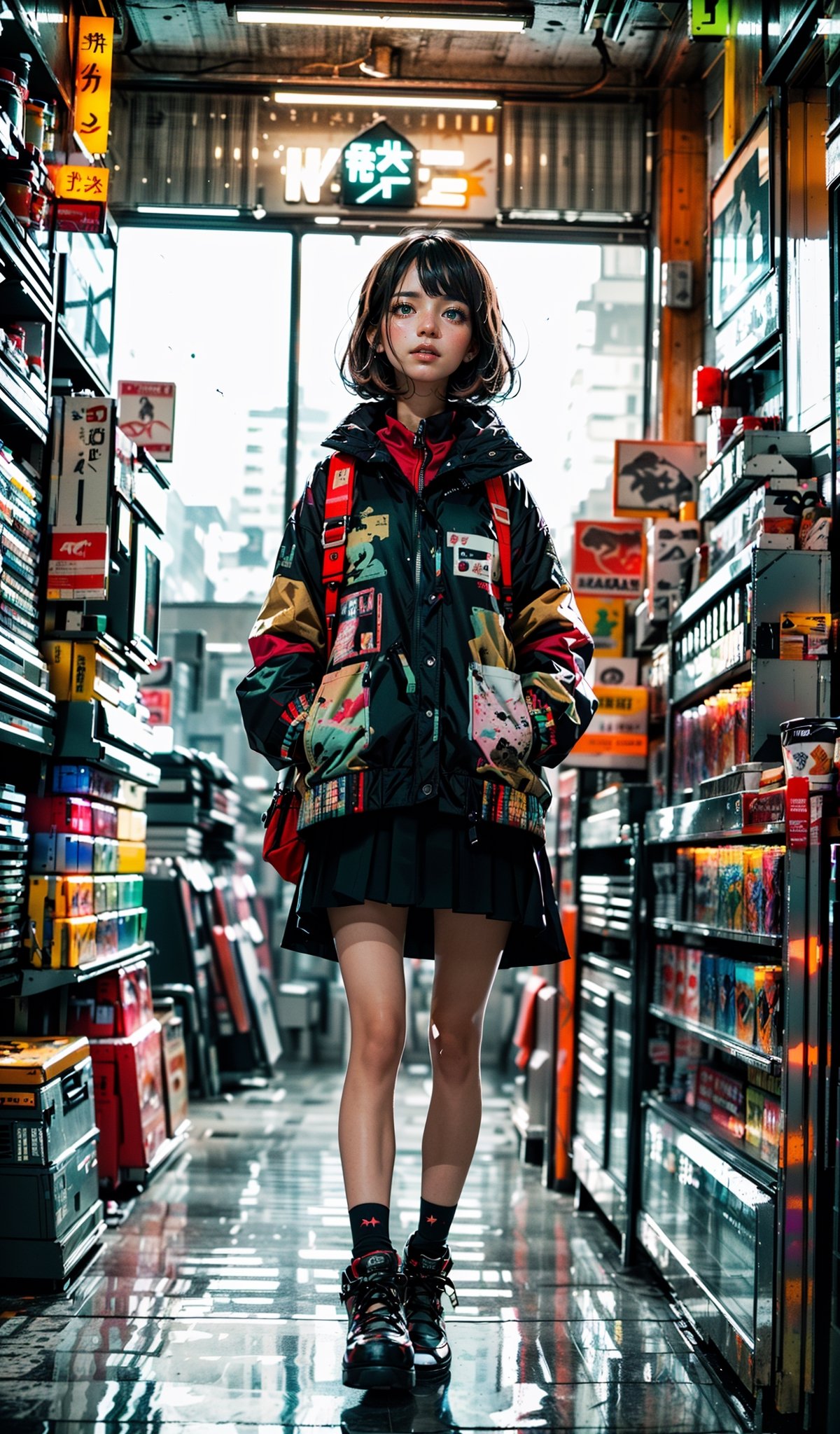 ((masterpiece)), (best quality), 1girl, (long flowing hair, brown, green eyes:1.4, (a girl inside a convinience store), (wearing black oversized jacket and short skirt), large breast, unique background, (cinematic tones), beautiful, aesthetic, crowded streets, colorful, (photo-realisitc), (perfect anatomy:1.2), detailed eyes:1.2, exposure blend, full body shot, bokeh, (realistic style), (ultra wide shot), extremely detailed, (hdr:1.4), high contrast, (cinematic, colorful:0.85), (muted colors, dim colors, soothing tones:1.3), low saturation, RAW photo, unique, high_res,perfecteyes,konbini