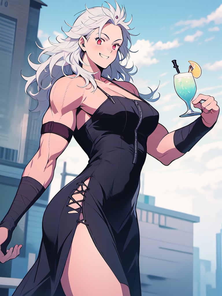 masterpiece, best quality, high definition, photorealistic,noi_(dorohedoro), sole_female,colarbone, masterpiece, 1girl, long hair, white hair, muscles, flex, fighting_stance,tight black cocktail dress, smile