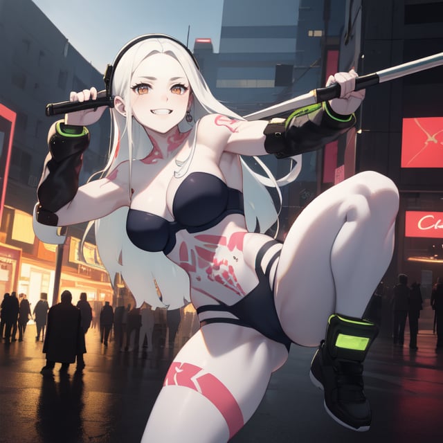 masterpiece, best quality, high definition, photorealistic,rebecca_(cyberpunk), sole_female,colarbone, masterpiece, 1girl, long hair, white hair, flex, fighting_stance, smile, bra, panties, colored_skin, tatoo,cprebecca