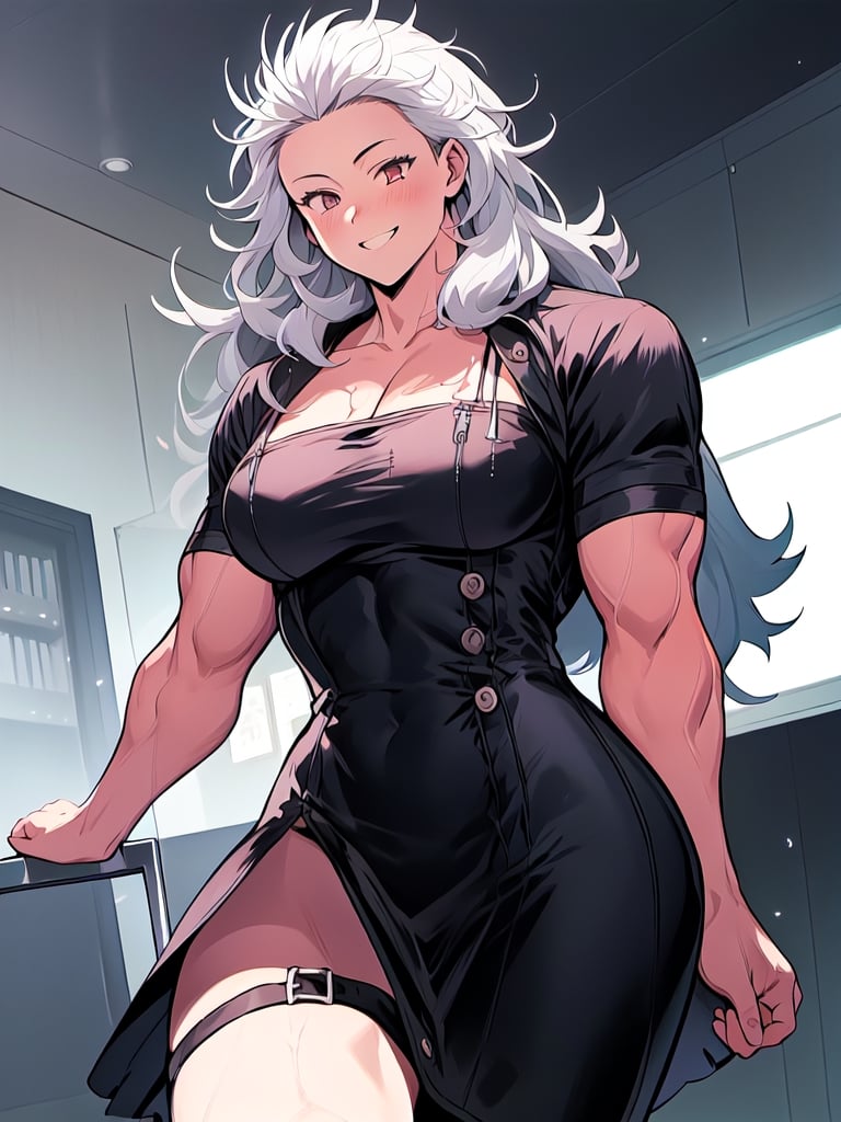 masterpiece, best quality, high definition, photorealistic,noi_(dorohedoro), sole_female,colarbone, masterpiece, 1girl, long hair, white hair, muscles, flex, fighting_stance,tight black cocktail dress, smile