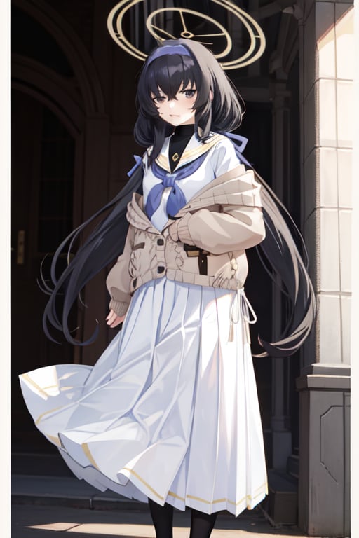 ui(blue archive), 1girl ,solo , long hair , twintails, black hair, hairband , serafuku, sailor collar, school uniform, long skirt , pleated skirt, neckerchief, cardigan,white skirt , standing, halo , bags under eyes, pantyhose, looking at viewer, hair hair between eyes, , 