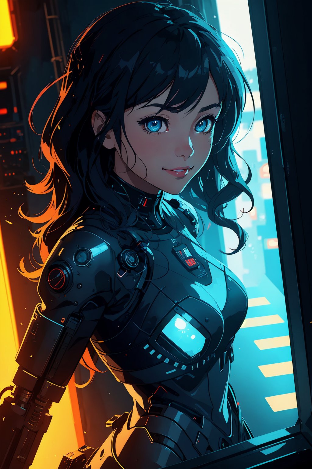 stylized illustration, cartoon style, cinematic, cyberpunk, beautiful, dynamic, pov, cowboy_shot, upper body, 1girl, a cyborg girl, beautiful detailed eyes, detailed face, long wavy messy hair, breast, cyberpunk accessories, shorty, detailed clothes, reflection, colorful, lofi colors, soothing tones, low contrast, low saturation, depth of field, bokeh, best quality, high resolution, intricately detailed, ultra realistic, light smile