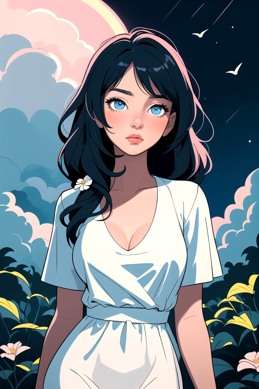 stylized illustration, lineart, expressionism, modern art, cinematic, beautiful, 1girl, 25 years old girl, upper body, detailed eyes, breast, light short dress, vegetation, flower, cloud, moon, night, blue theme, colorful, pastel colors, soothing tones, low saturation, best quality, high resolution, detailed