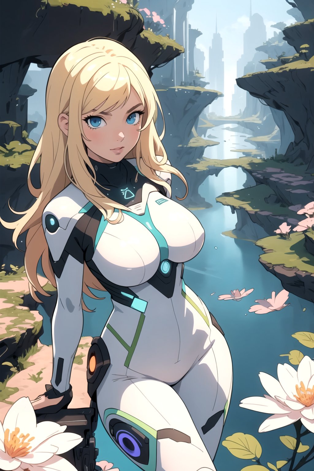 detailed illustration, concept art, masterpiece, anime style, dynamic, futuristic style, wide shot, beautiful, a girl wearing a white and green futuristic tight clothes, blonde hair, detailed face, detailed blue eyes, breast, futuristic water city, alien landscape, expoplanet, rootop, day, 1girl, futuristic colors, bloom, smooth, bokeh, depth of field, intricately detailed, best quality, high resolution